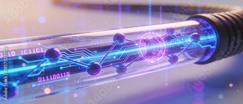 Transparent fiber optic cable with futuristic visualization of binary code and glowing data transmission nodes.