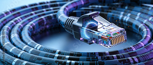 Close-up of ethernet cable with RJ45 connector showing digital tunnel inside, symbolizing high-speed data transmission and futuristic connectivity.