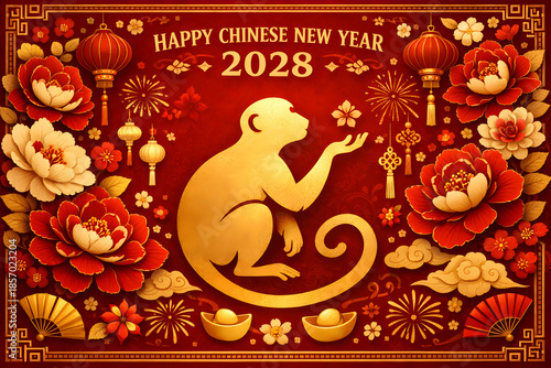 Happy Chinese New Year 2028, featuring elegant monkey silhouette, ornate flowers, and festive decorative elements on red background
