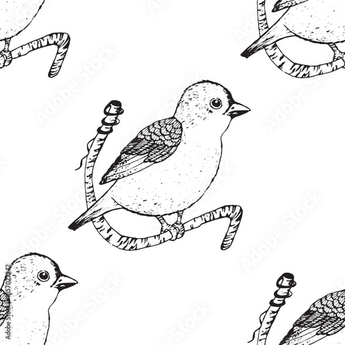 Seamless pattern with funny birds, flowers, leaves. Flat vector illustration with cartoon bird silhouette. Cute characters. Design for invitation, poster, card, textile, fabric.