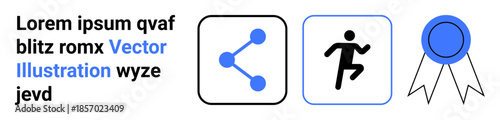 Connectivity, exercise, awards, digital marketing, fitness tracking, goals. Blue icons of a share symbol, running figure and a ribbon. Connectivity and exercise concepts for modern goals