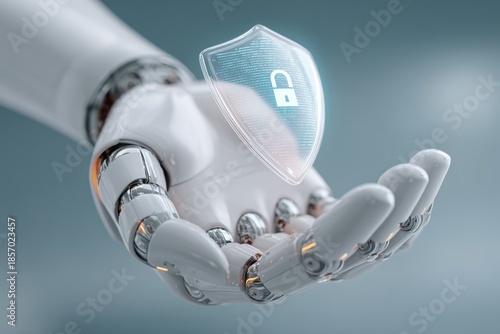White futuristic robotic hand holding a transparent digital shield with lock icon - cybersecurity, data protection and trusted AI technology.