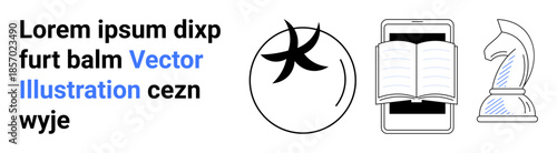 Education, reading, digital interaction, strategy, learning tools, publishing. Open book on a smartphone, chess knight abstract symbol. Learning tools and education concepts