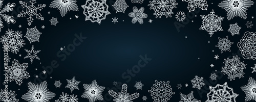 Snowflakes, white falling snow frame with copy space, border, background. Line drawing. Hand drawn vector illustration. Seasonal, winter design, blue backdrop, banner. Different shapes, ice crystals