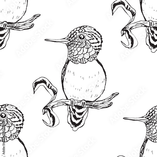 Seamless pattern with funny birds, flowers, leaves. Flat vector illustration with cartoon bird silhouette. Cute characters. Design for invitation, poster, card, textile, fabric.