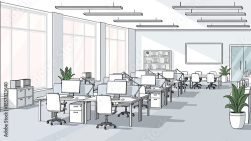 A bright and modern office interior featuring rows of desks with computers and chairs, illuminated by overhead lights and large windows.
