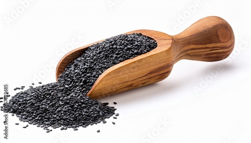 A Wooden Scoop Filled With Organic Black Sesame Seeds Sesamum Indicum Or Til Isolated On A White Background