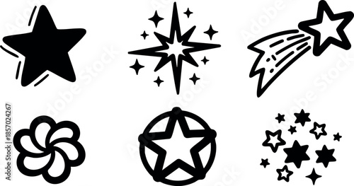 Star icons vector set with shooting stars and sparkles in black silhouette style 