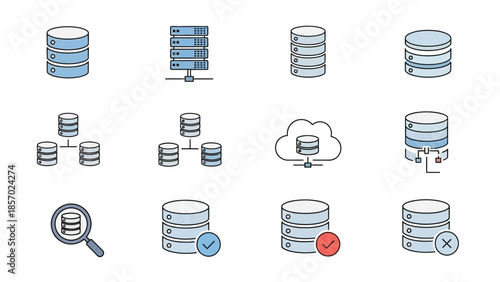 A collection of twelve flat design icons representing database concepts, including server racks, stacked disks, cloud storage, and search functions, all rendered in a modern, clean aesthetic with a