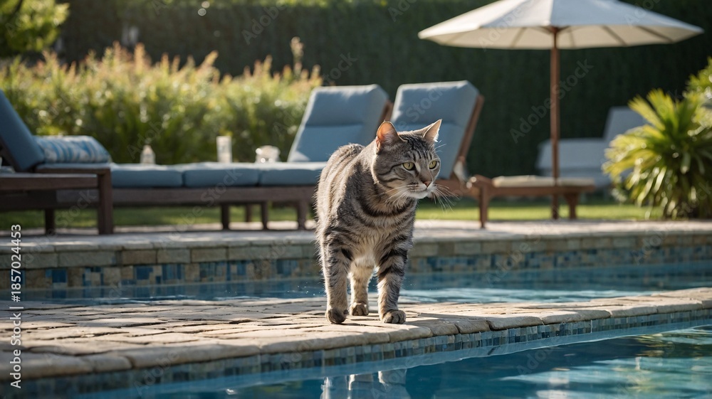 Obraz premium A playful gray tabby cat walks along the edge of a sparkling pool on a sunny day.