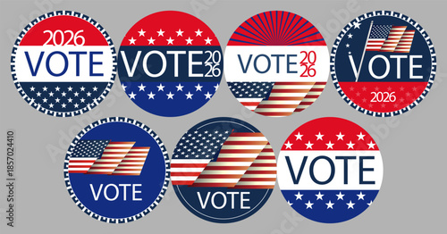 United States Midterm elections 2026, Senate, House of Representatives and Gubernatorial elections VOTE US round, pin, button, icon set. Electoral symbols, United States of America USA Flag.