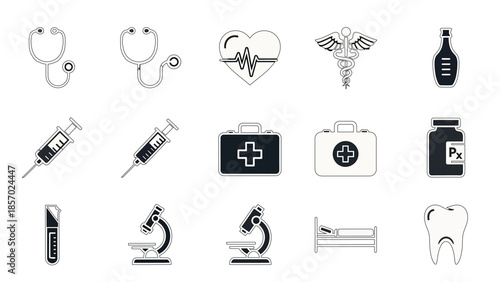 A collection of medical icons representing healthcare, diagnostics, and treatment, including a stethoscope, syringe, first aid kit, and caduceus symbol.