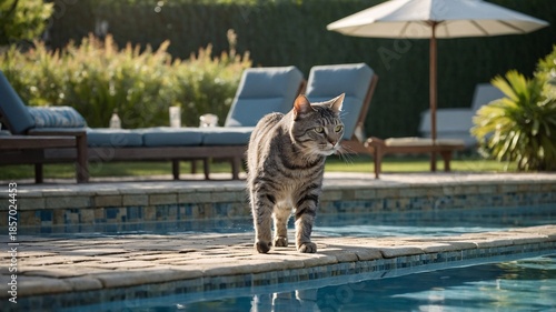 A playful gray tabby cat walks along the edge of a sparkling pool on a sunny day.