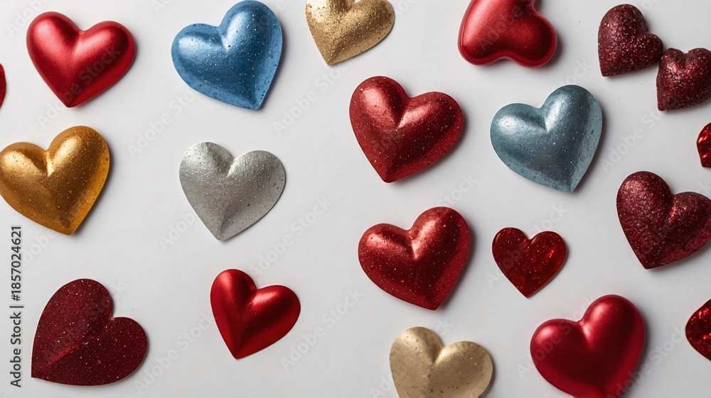 Obraz premium Colorful assortment of glittery hearts in various shades on a white background, evoking a festive and romantic atmosphere.