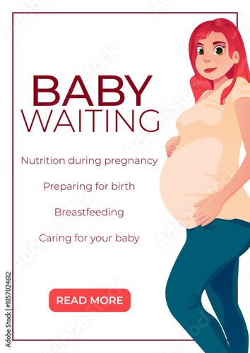 A4 template with a pregnant woman. Concept of motherhood, parental rights, and pregnancy. Vector illustration for posters, banners, flyers, advertisements, social media posts, magazines, and postcards