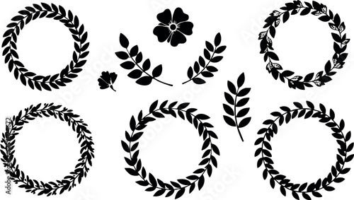 Laurel wreaths and floral elements vector set in black silhouette style for decoration and design 