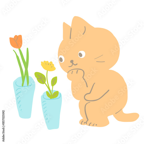 やさしい雰囲気の 花と猫のイラスト / Cat with flower illustration