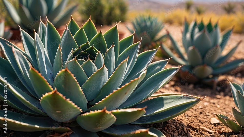 Obraz premium Close-up view of a vibrant green succulent plant in a desert landscape.