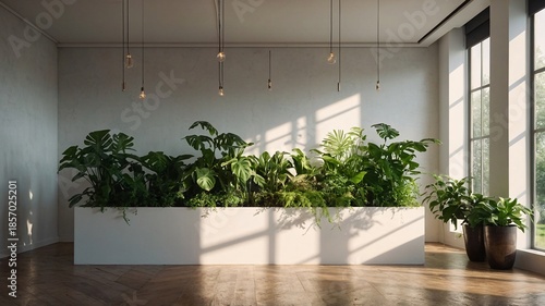 Modern indoor garden featuring lush greenery in a stylish setting with natural light illuminating the space.
