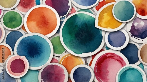 A vibrant assortment of watercolor circles in various colors and sizes, creating an artistic and playful composition.