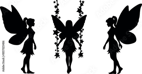 Fairy silhouette vector set with three magical winged figures in various poses black design 