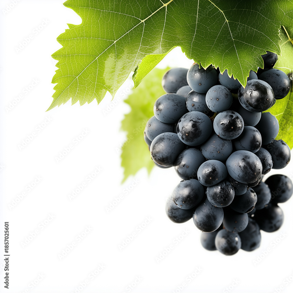 Fototapeta premium Bunch of fresh black grapes with green vine leaves on white background