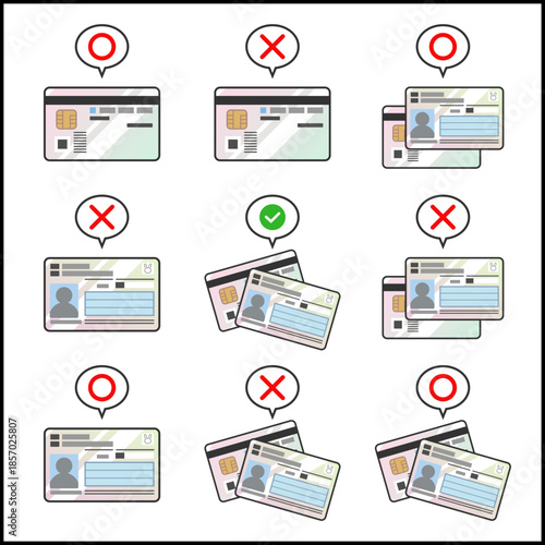 まるばつ記号の吹き出し付きマイナンバーカードのベクターアイコンセット　日本の身分証・保険証のイラスト