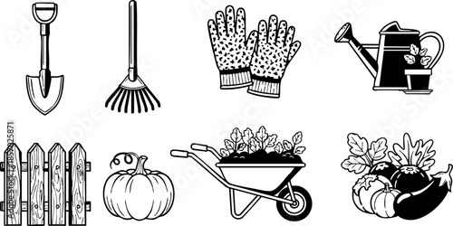 Gardening tools and autumn harvest wheelbarrow pumpkin gloves rake shovel fence watering can vector illustration 