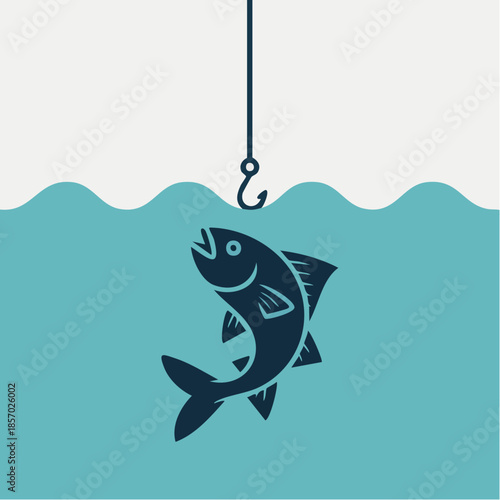 dark fish approaches suspended hook beneath wavy divide, evoking tension, curiosity, and quiet pursuit