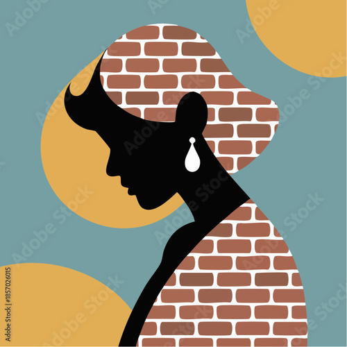 woman’s silhouette built from bricks, framed by bold circles and quiet strength in teal and mustard