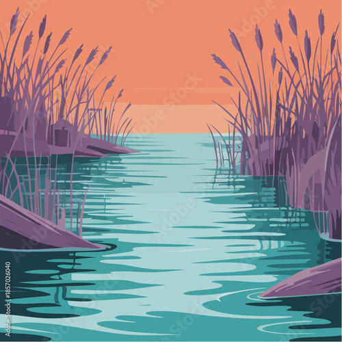 turquoise waterway reflects peach sky as reeds frame a quiet passage through twilight serenity