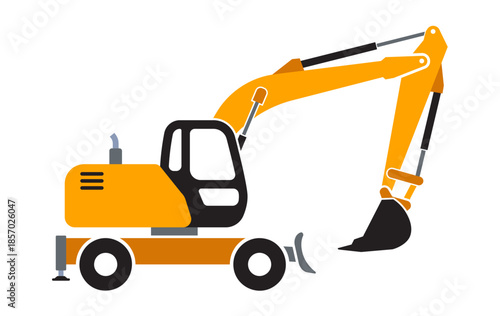 wheeled excavator digger yellow construction vehicle symbol simplified side view isolated vector on transparent background