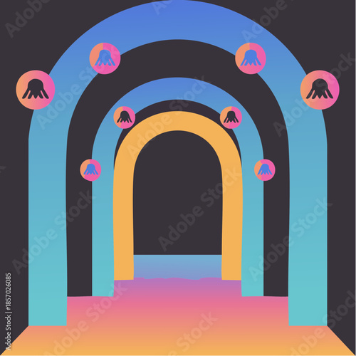 archways ripple through dreamlike corridor as jellyfish orbs drift in radiant, otherworldly motion