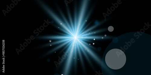Abstract galaxy background with glowing blue stars and bright energy rays bursting through a dark cosmos design featuring a shiny laser flare and space for text