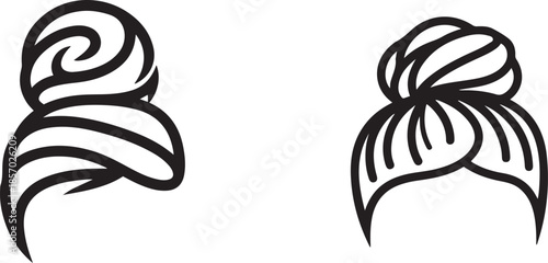 Black and white line of two stylized buns with swirls on line buns hairstyle