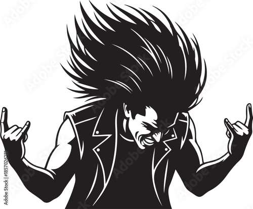 Black and white of a man with wild hair and a leather vest making rock and roll hand gestures male person