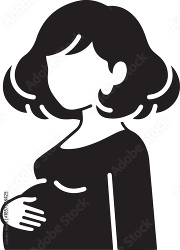 Black and white silhouette of a pregnant woman holding her belly with a simple hairstyle pregnancy holding belly