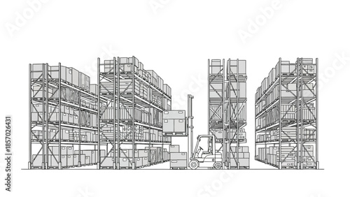 A forklift truck is stacking boxes on shelves in a warehouse, showcasing industrial logistics and storage operations.