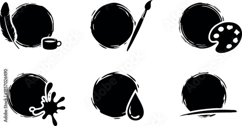 Black paint brush palette ink and watercolor art tools vector icons set 