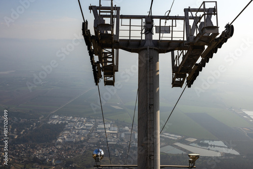 A cable car system on mountains with a scenic valley below
