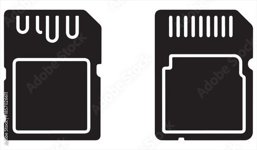 Collection of SD memory card vector silhouettes with contact pins and labels