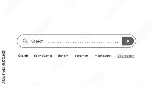 A clean and simple search bar interface is displayed with a magnifying glass icon, a search input field, and a clear search button, accompanied by suggested search terms.