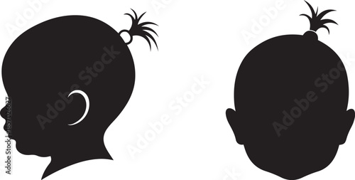Black silhouette of a childs head in profile and a full view of a toddlers head with a ponytail