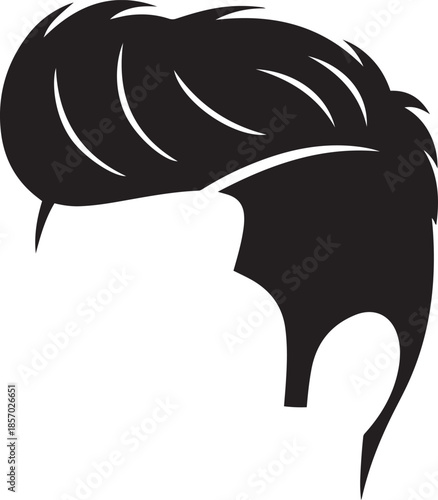 Black silhouette of a man's hairstyle with swept back strands and sharp edges on a white background
