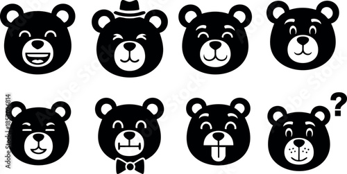 Bear faces with various expressions and accessories in black silhouette vector illustration 