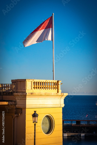 flag of monaco, monte carlo, sunset, winter, luxury, principality, french riviera, cote d'azur