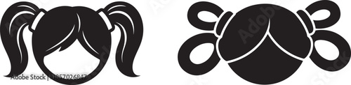 Black silhouette of two different hairstyles for girls including pigtails and a bow child