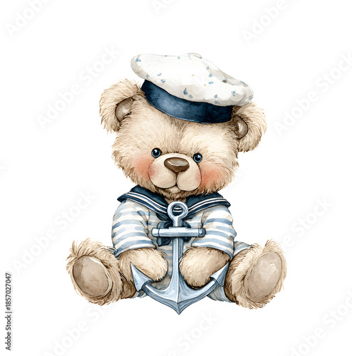 Cute teddy bear in sailor suit with anchor. Adorable soft toy for children birthday card or nursery decor.