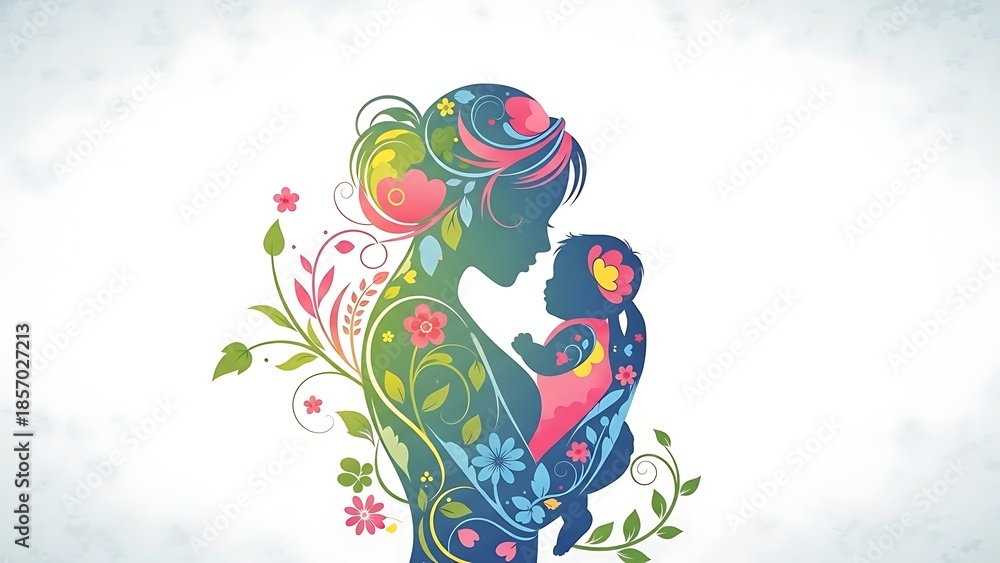 Obraz premium Floral artwork depicting a mother lovingly embracing her baby, symbolizing the profound connection of new life, nurturing love, and the beautiful journey of growth