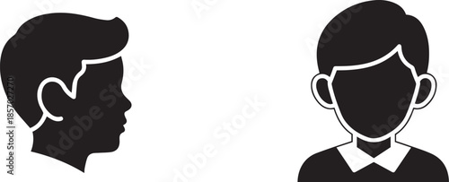 Black silhouette profile of a man facing left and a frontal view of a man with a collar and tie head